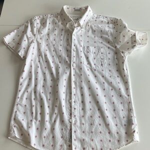 Men's White Short-Sleeve Button-Up Shirt with Red Diamond Print